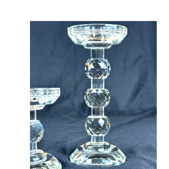 Gemstone Cut Crystal Glass Prism Pillar Candlestick Holders-Stunning- SET of 2 - Picture 3 of 11